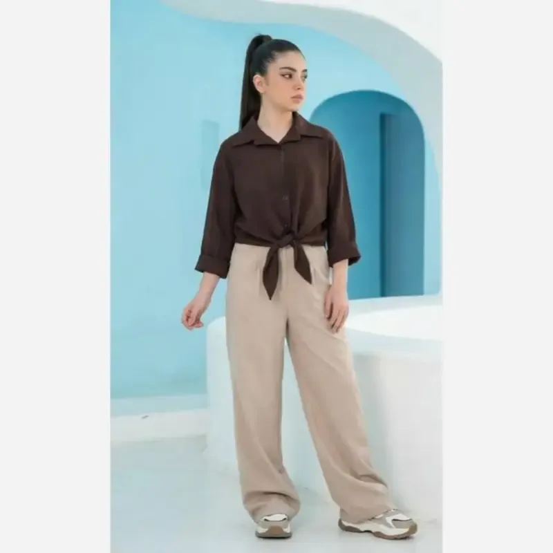 شومیز کراپ دخترانه لینن آستین کیمونو مدل گره ای - تصویر 5