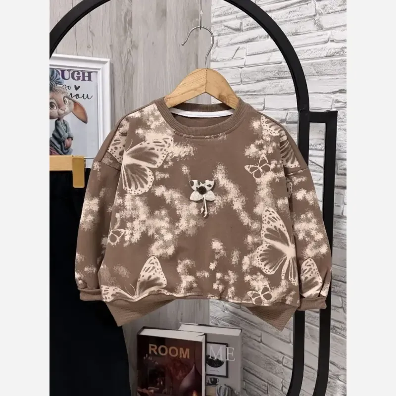 ست بلوز و شلوار دخترانه دورس دونخ لاکرادار طرح پروانه سایز 45 تا 65 رنگ سفید کرم شکلاتی - تصویر 9