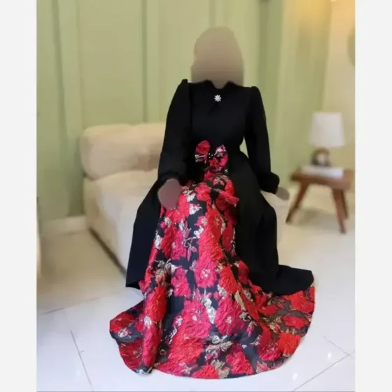 پیراهن مجلسی زنانه طرح هلینا کرپ مازراتی و ژاکارد ترک رنگ مشکی دامن قرمز سایز 5