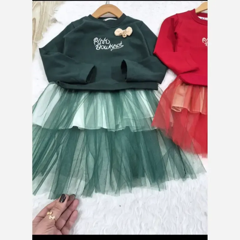 سارافون دخترانه دورس دو نخ و تور یلدا و مهمانی سایز 40 تا 55 سبز و قرمز - تصویر 11