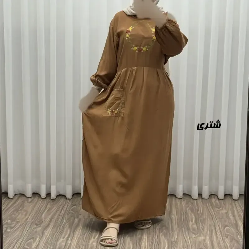 پیراهن نخی گلدوزی زنانه مدل خاطره فری سایز تا 48 با کمربند - تصویر 9