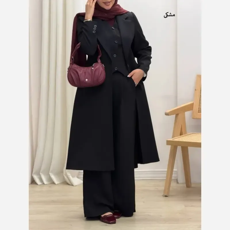 ست سه تکه مانتو شلوار و جلیقه زنانه جنس کرپ سوپر دبل باربی کجراه - تصویر 5