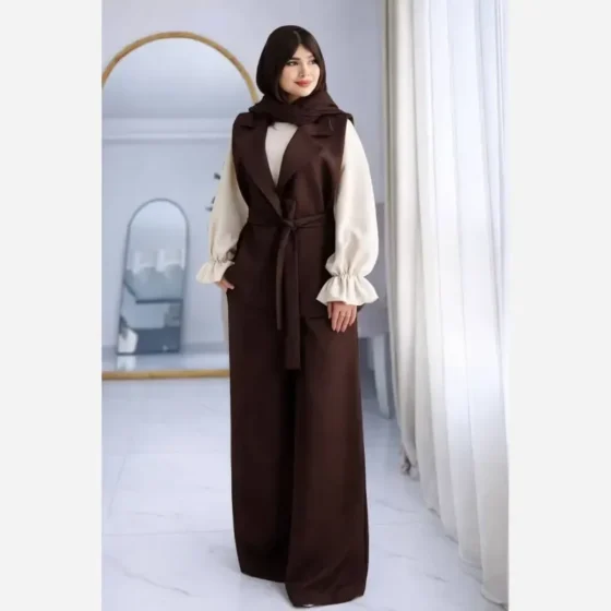 ست 4 تکه پاییزه یقه انگلیسی جنس سوپرمازراتی و زیره تترون رنگ سرمهای و قهوه ای تیره سایز فری 38 تا 46