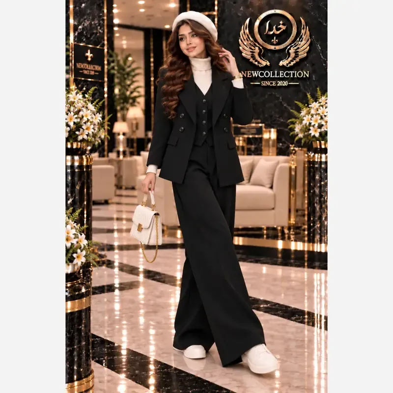 ست سه تیکه پاییزه کلمبیایی کت و جلیقه و شلوار سوپرمازراتی اعلا مشکی نسکافه ای فری سایز - تصویر 3