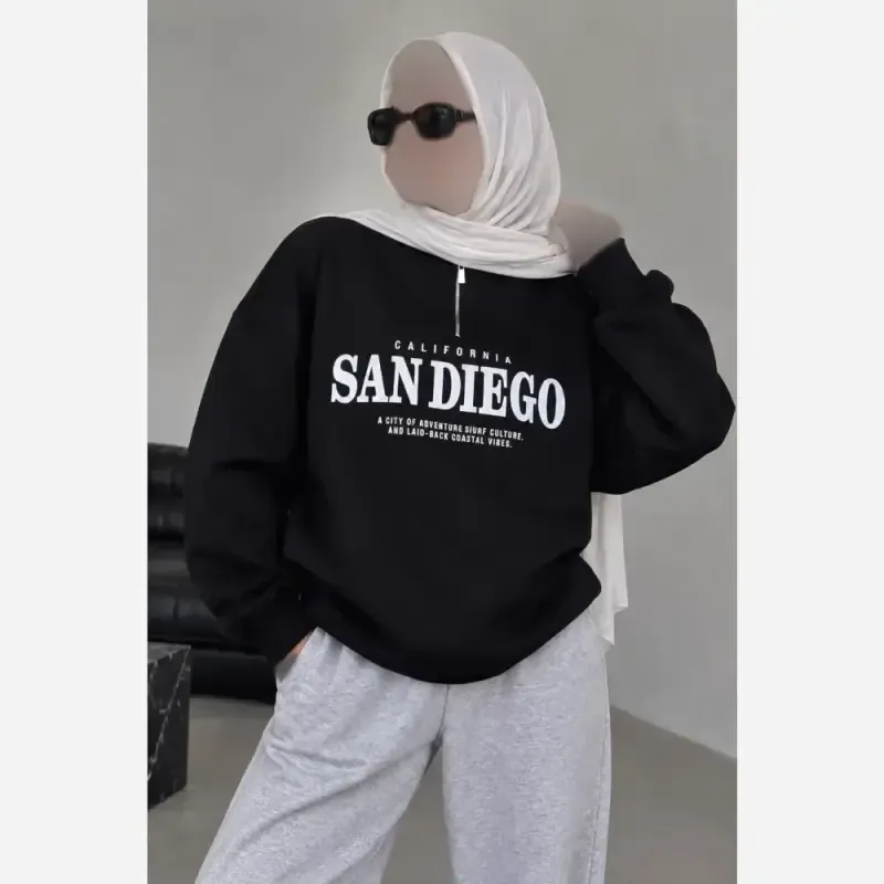 دورس نیم زیپ اسپرت زنانه پسرانه SANDIEGO جنس دورس سه نخ گرم بالا درجه یک رنگ مشکی سبز زیتونی فری سایز - تصویر 15