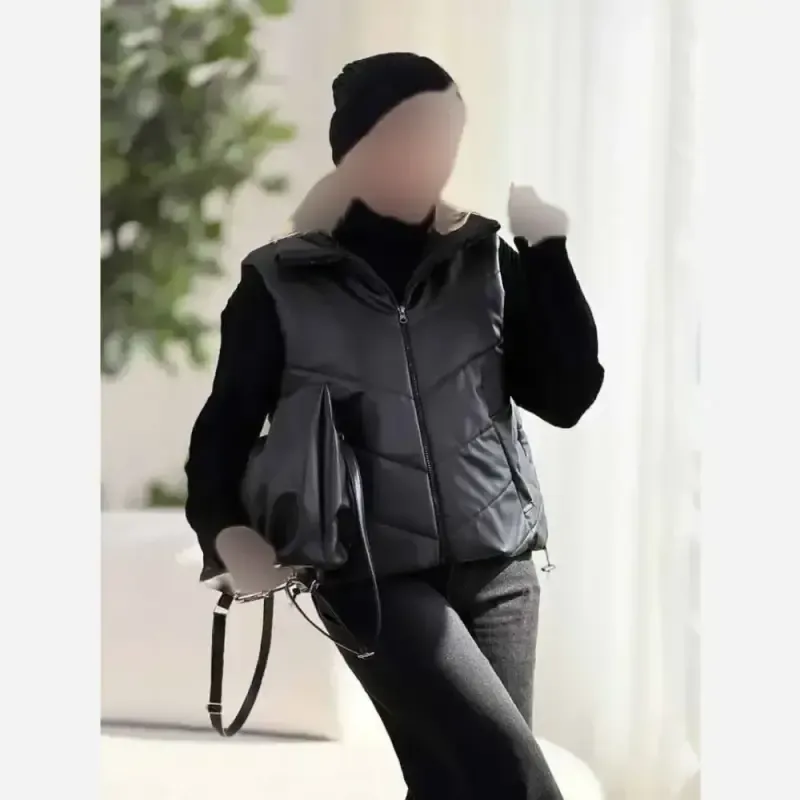 پافر کراپ چرم زنانه مشکی جنس چرم تیرکمانی پشم شیشه دار سایز فری 38 تا 44 - تصویر 2