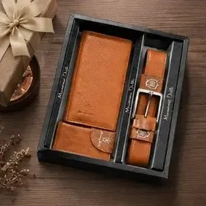 ست هدیه کیف پول جاکارتی و کمربند مردانه چرم صنعتی با جعبه کادویی