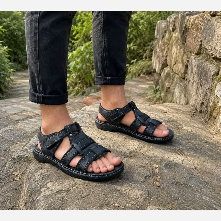 صندل مردانه تابستانی مدل پوشکاش رویه چرم ترکیبی مشکی و قهوه ای طبی و سبک - تصویر 2