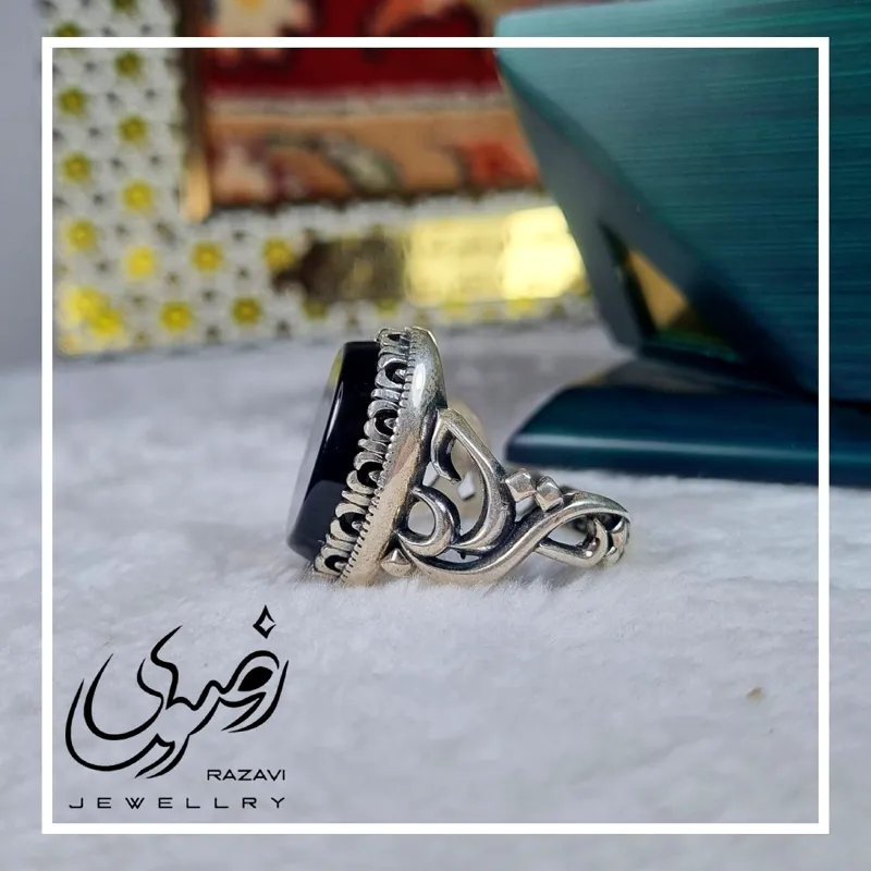 انگشتر مردانه آلیاژ نقره روس با سنگ عقیق مشکی - تصویر 2