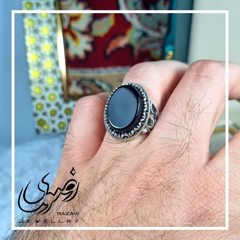انگشتر مردانه آلیاژ نقره روس با سنگ عقیق مشکی - تصویر 3