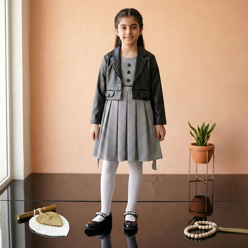 ست کت چرم و سارافون دخترانه مشکی