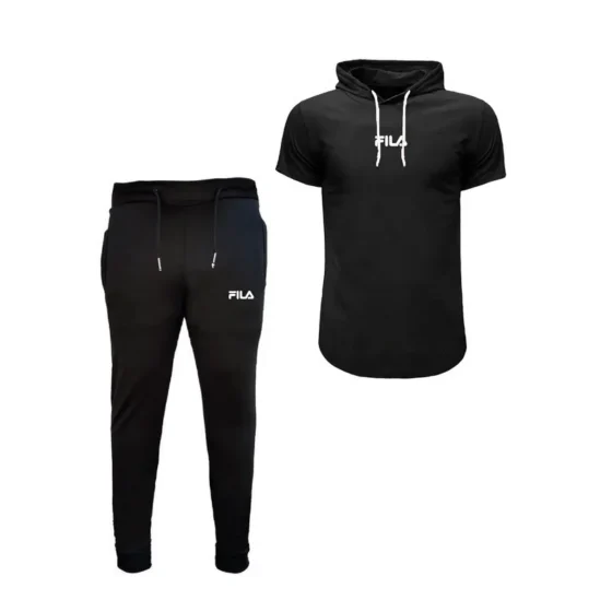 ست تی شرت و شلوار مردانه مدل fle پنبه یکرو نخ آستین کوتاه کلاه دار